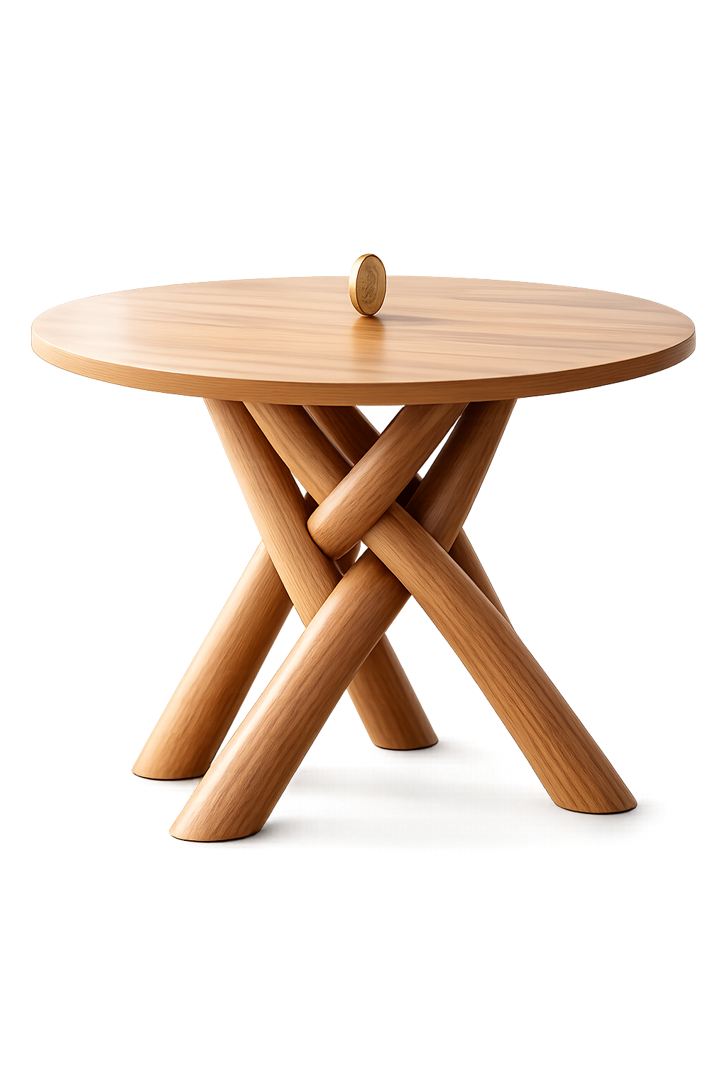 Intentional — Book Cover: A table with cross-braced legs and a spinning coin